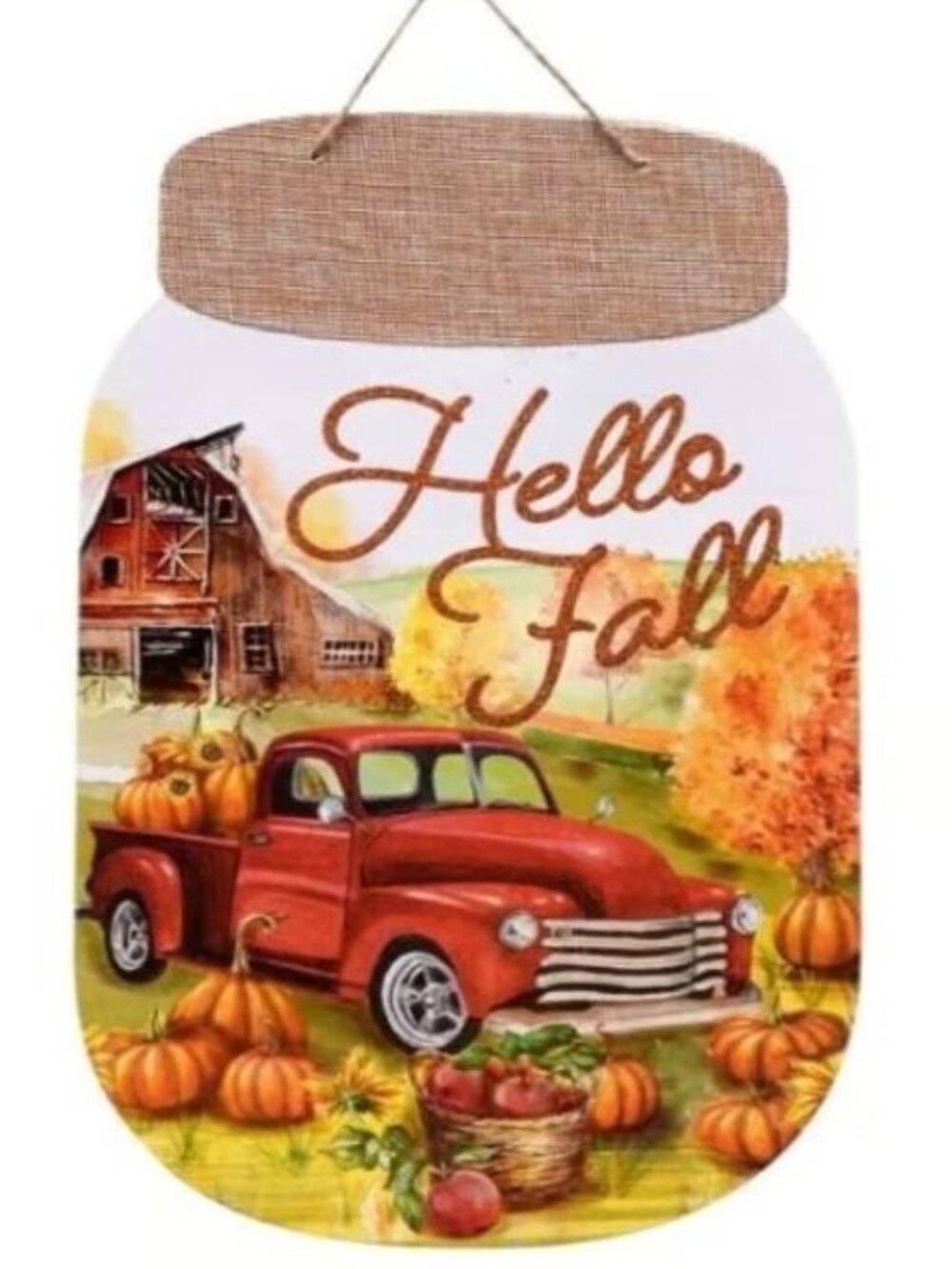 Hello Fall Hanging Sign for Wreaths Harvest Decor Vintage Farm Truck Mason Jar